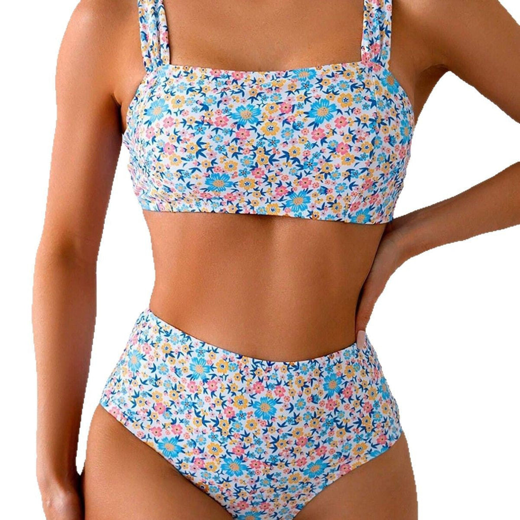 GR | Women's High-Waisted Bikini Set with Floral Patterns and Wide Straps