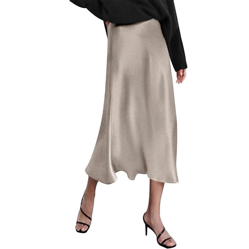 Women's elegant midi skirt in satin viscose with a flowing drape, size GR