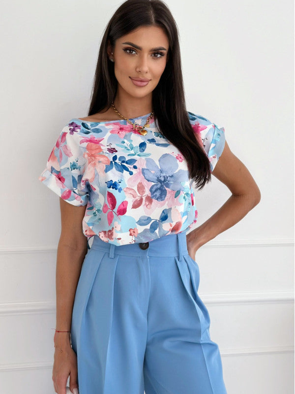 GR | Summer printed round neck loose shirt 