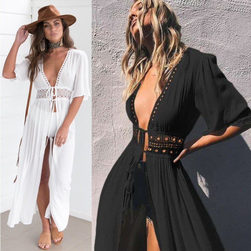 Women's beach wrap with deep V-neck and exquisite neckline details, size GR