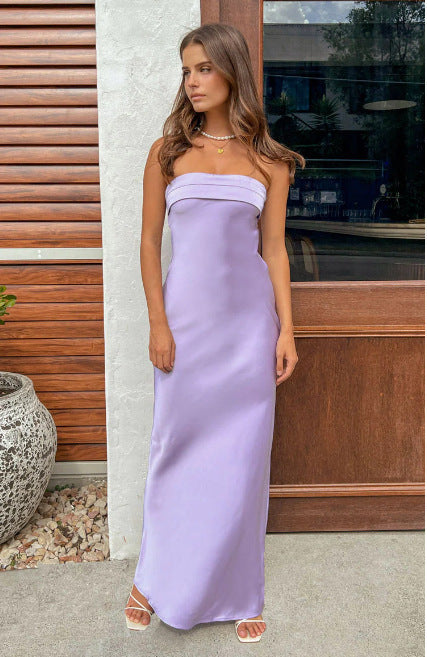 GR | Summer Solid Color Strapless Elastic Backless Satin Dress