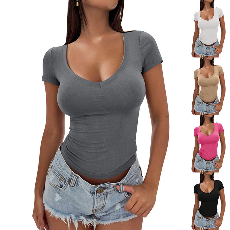 Women's fitted V-neck T-shirt made of soft stretch material, size