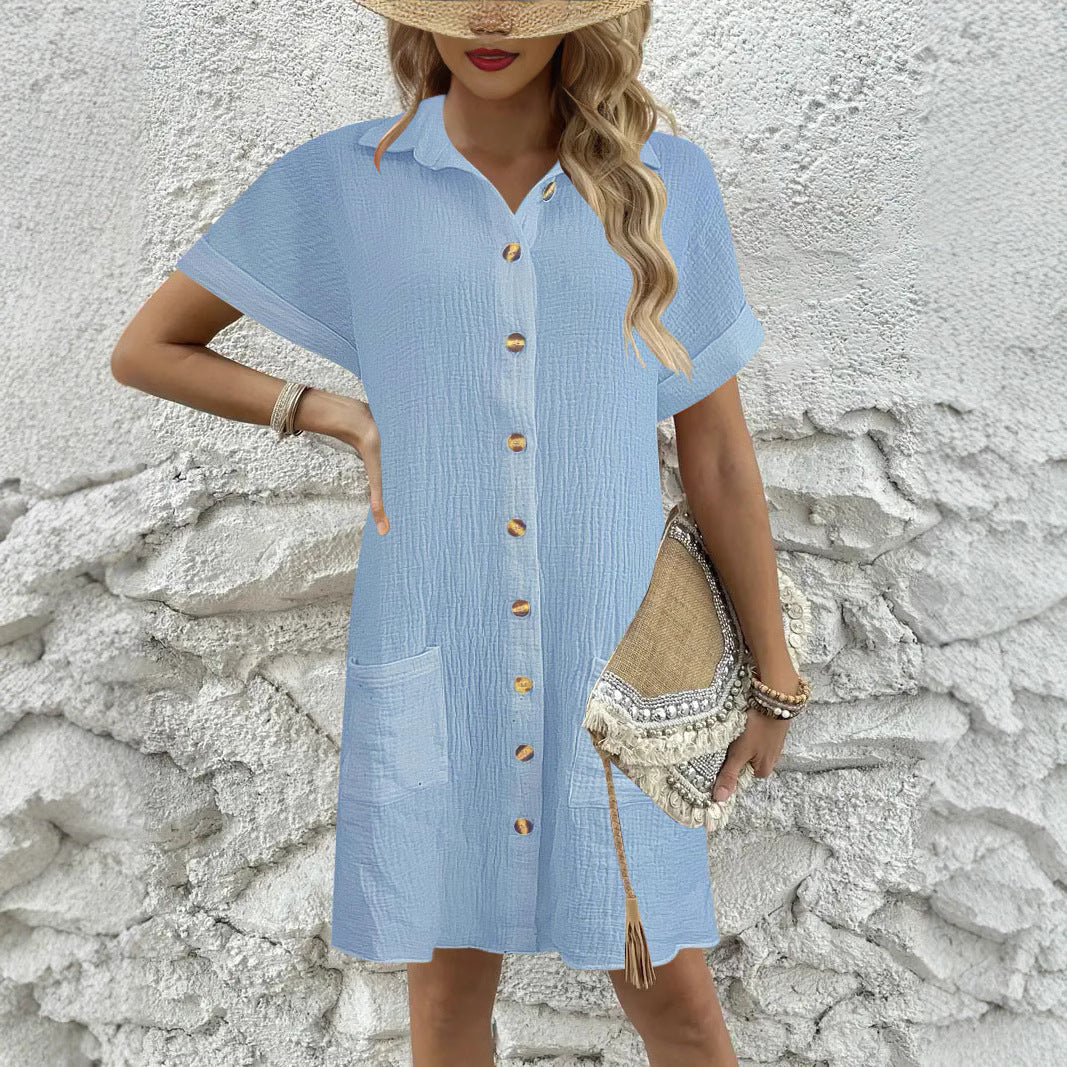 Women's knee-length shirt dress with button-up design and practical pockets, size S