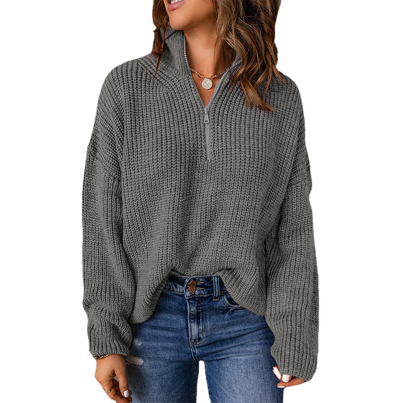 Damen Grober Strickpullover mit Stehkragen und Reißverschluss GR
