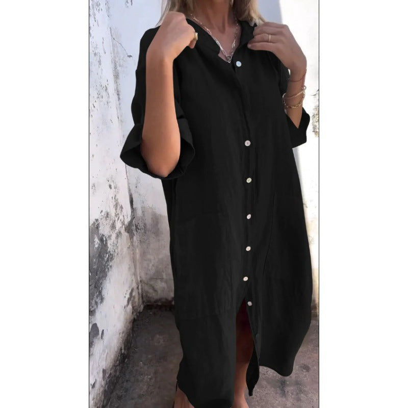 GR | Loose, casual cotton-linen shirt dress with half sleeves