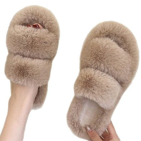 Women's Fluffy Slippers with Double Straps and Soft Lining, Size