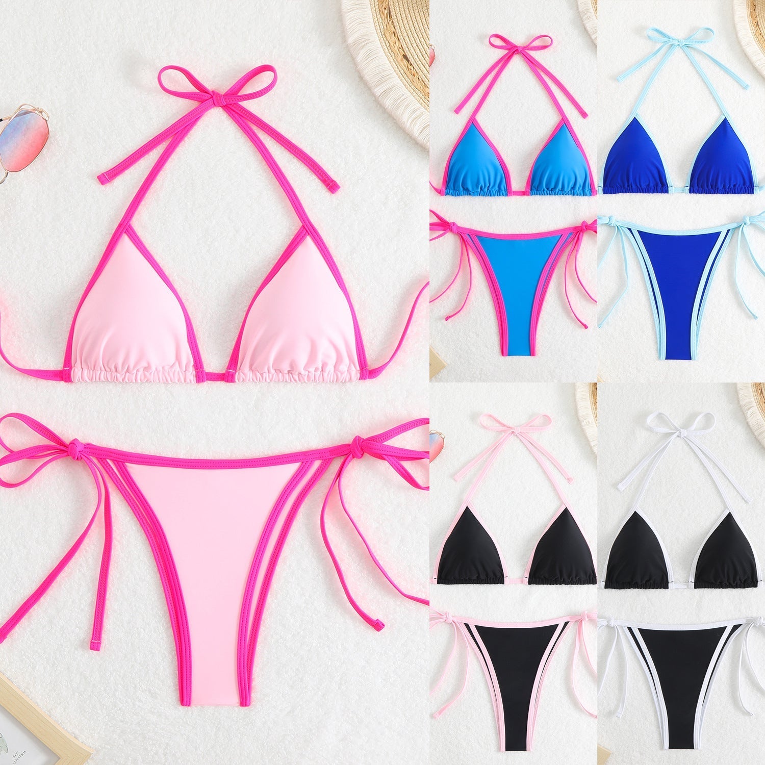 Women's triangle bikini set with adjustable bows and contrasting accents, size GR