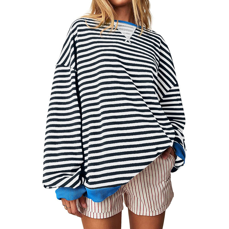 Women's Comfortable Striped Sweater with Raglan Sleeves and Elastic Cuffs Size