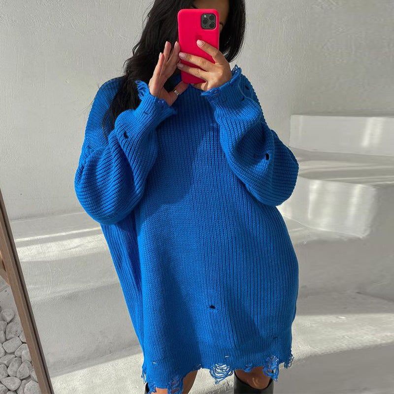 GR Ripped O Neck Oversized Sweater Kleid