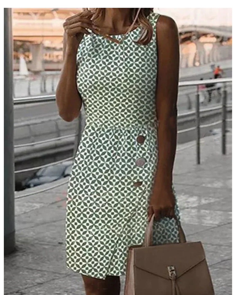 GR | Ärmelloses bedrucktes grünes Knopf-Casual-Kleid