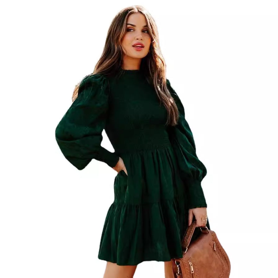 Women's summer mini dress with ruching and puff sleeves, size