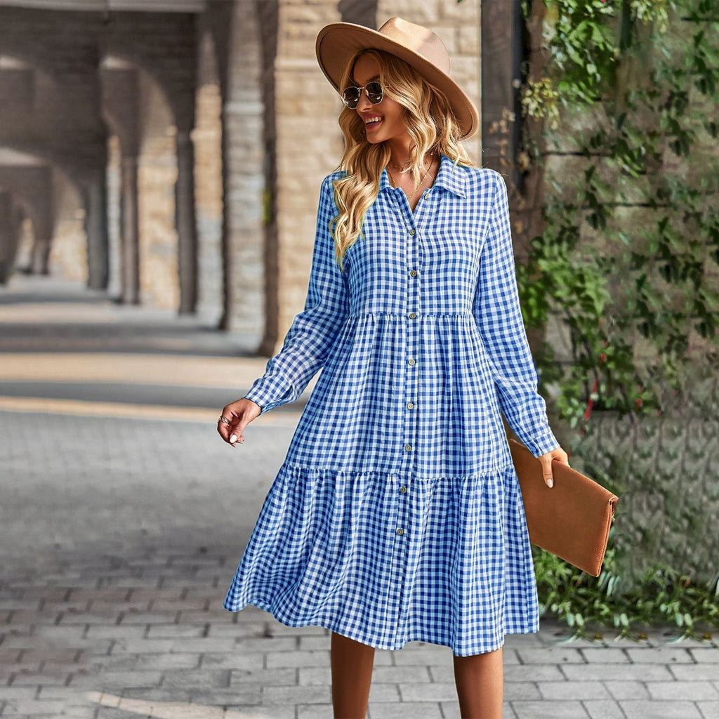 Damen karierte Midi-Bluse mit Knopfleiste und ausgestelltem Rock GR