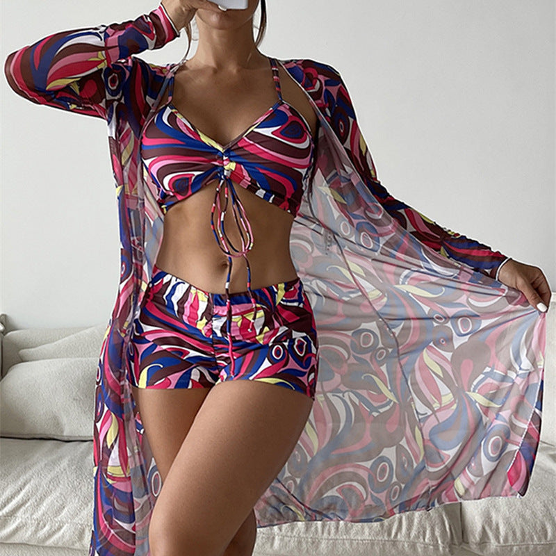 Women's bikini set with beautiful tie belt and floral kimono, size S