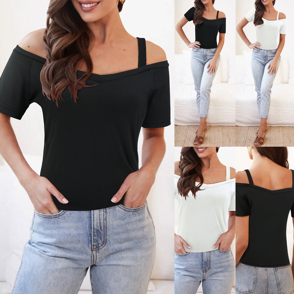 Women's off-shoulder top with elastic straps and V-neck, size [size missing]