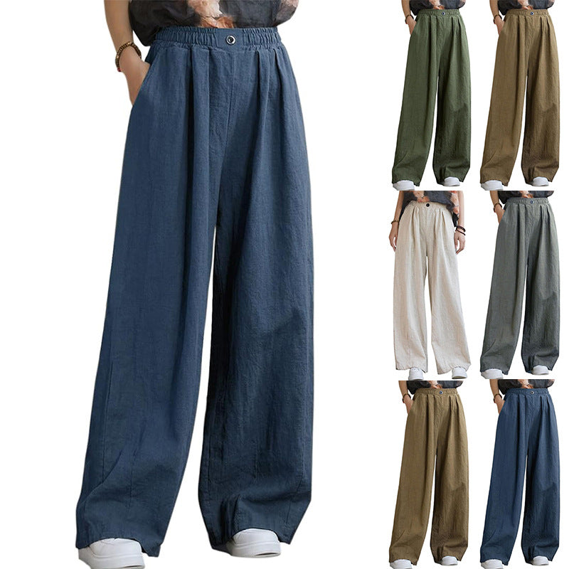Damen weite Leinenhose mit elastischem Bund und femininen Falten GR