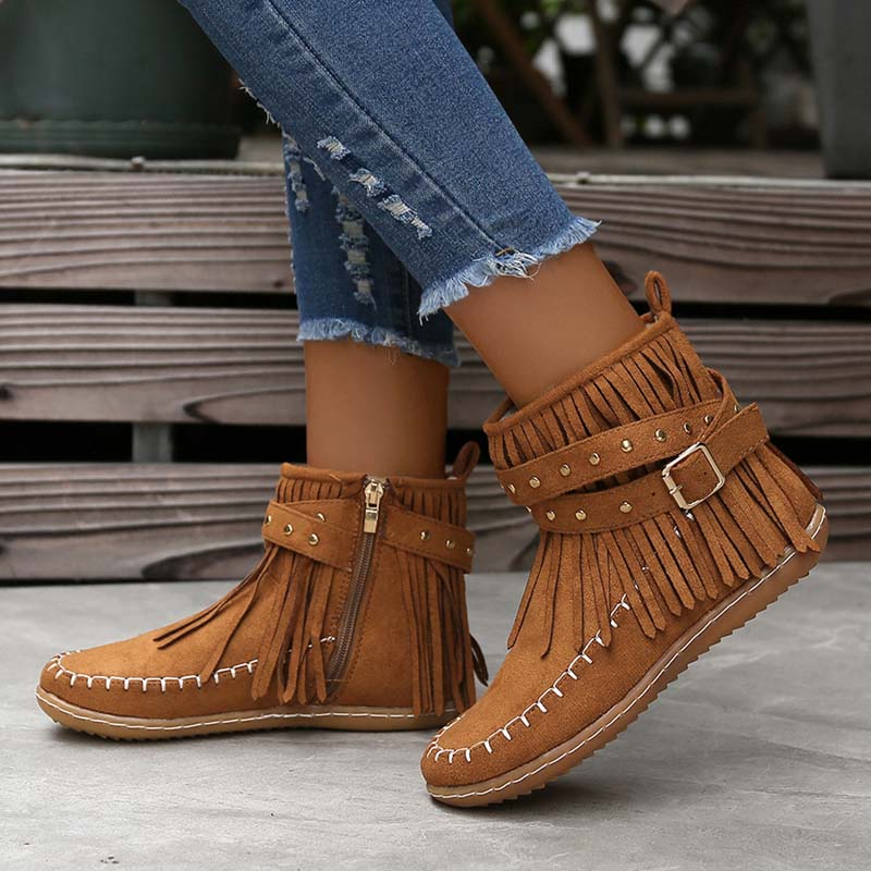 GR | Boho ankle boots with fringes and buckles for women