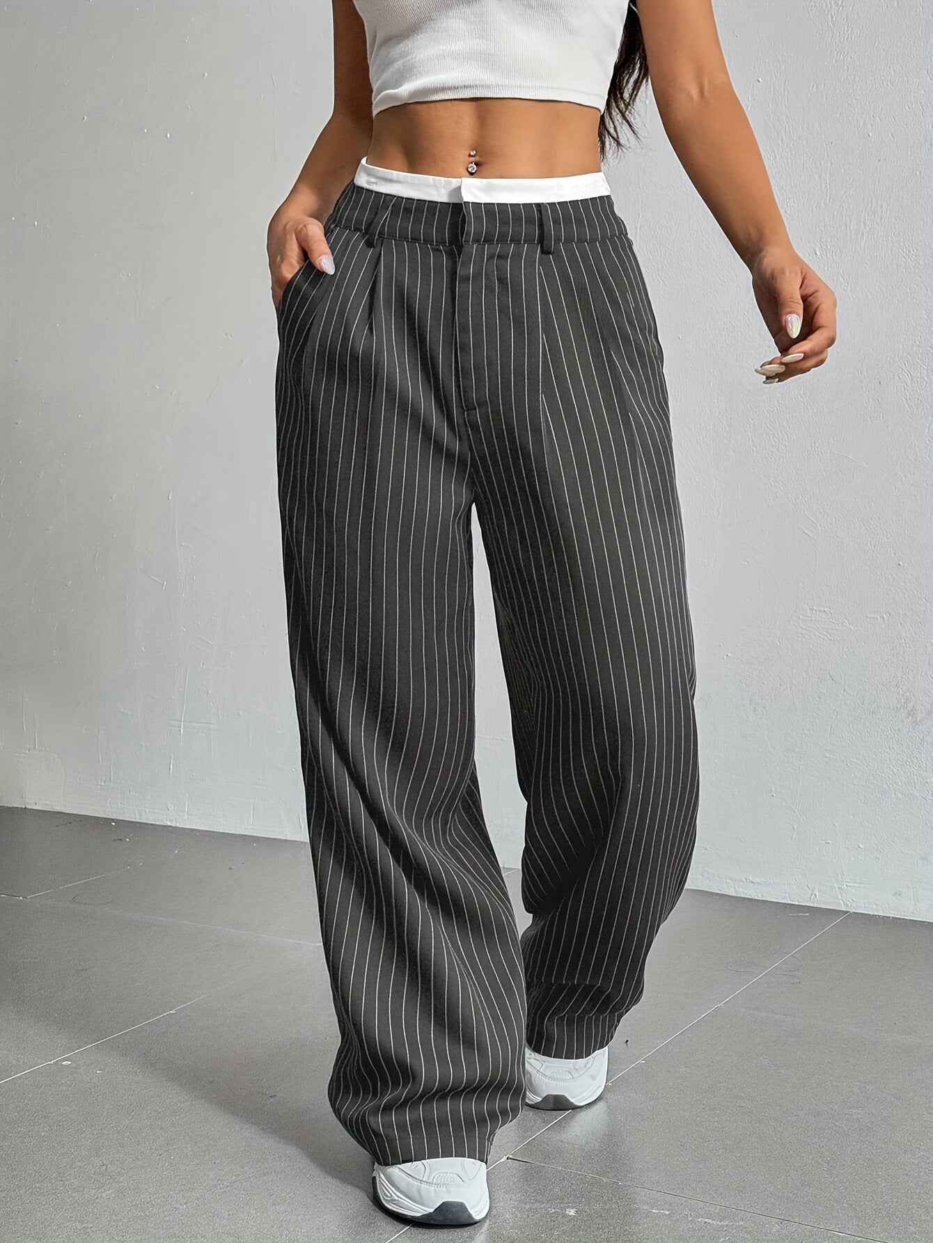 Women's Elegant Wide-Leg Pinstripe High-Waisted Trousers, Size