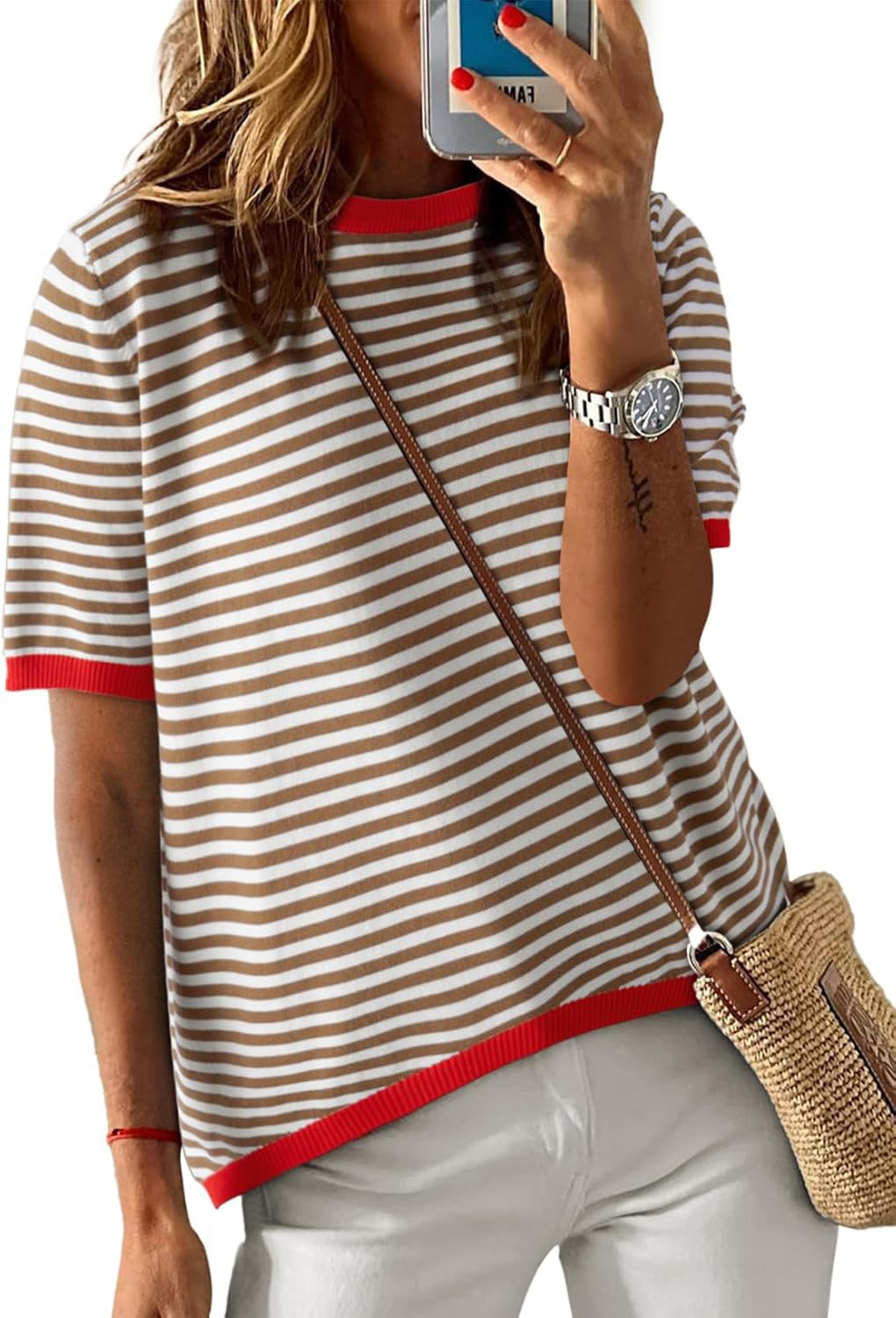 Women's comfortable striped casual blouse with contrasting collar, size