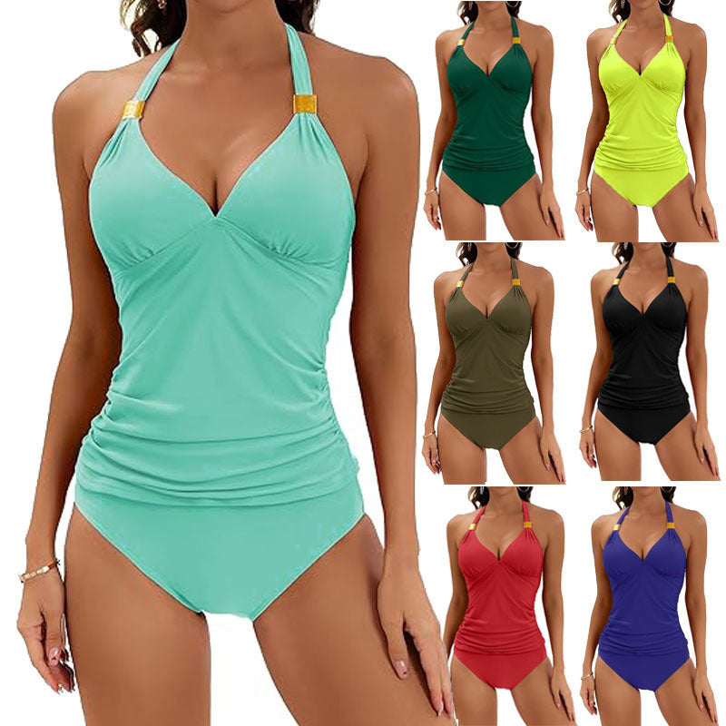 Women's tankini with gathered top and high waist, size