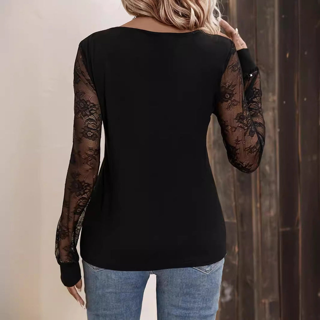 GR | Patchwork Lockere Lange Ärmeln Schlankmachendes T-Shirt