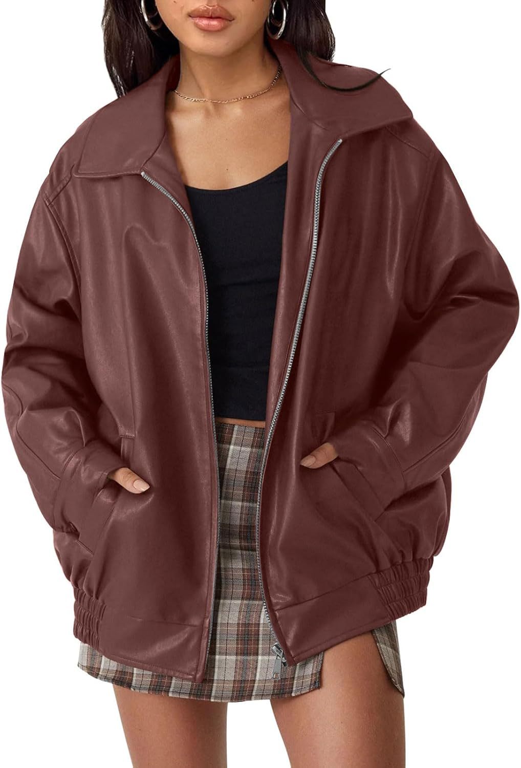 Women's casual faux leather jacket with a wide cut and practical pockets, size S