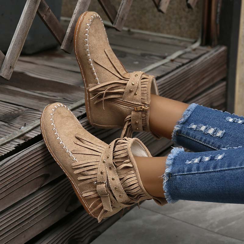 GR | Boho ankle boots with fringes and buckles for women