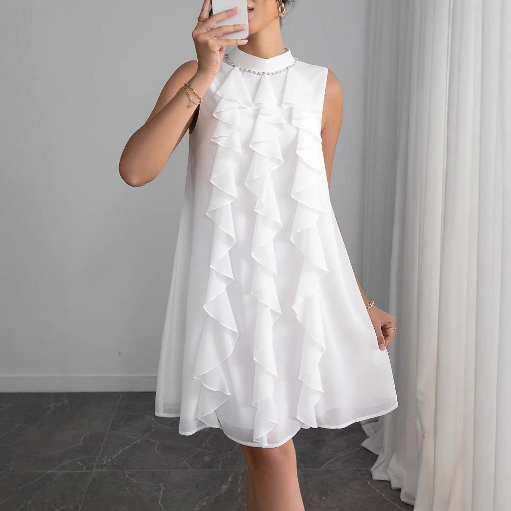 Women's chiffon dress with voluminous ruffle details and elegant stand-up collar, size [size missing]