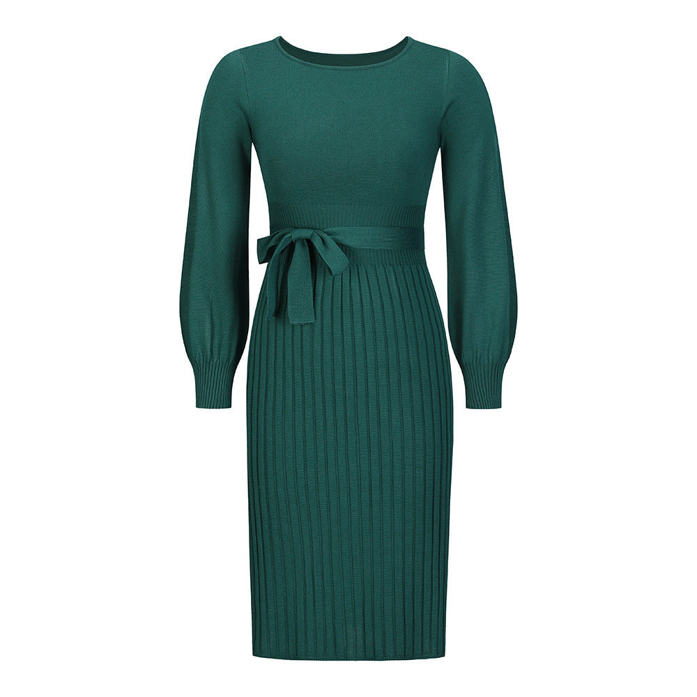 Damen Strickkleid mit taillierbarem Gürtel und langen Ärmeln GR