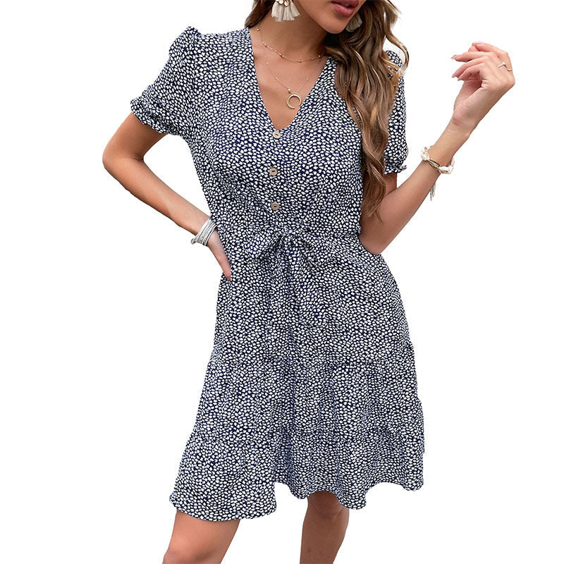 Damen Sommerkleid mit knöpfbarem V-Ausschnitt und eleganter Taillierung GR
