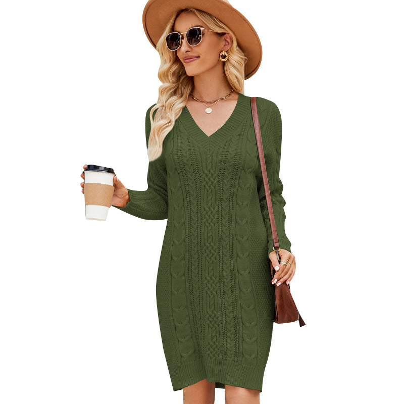 GR | Solid color V-neck twirl knit dress 