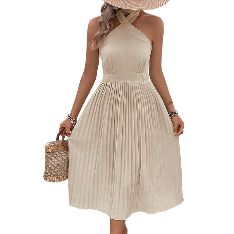 Women's midi dress with a chic asymmetrical design and pleated skirt, size S