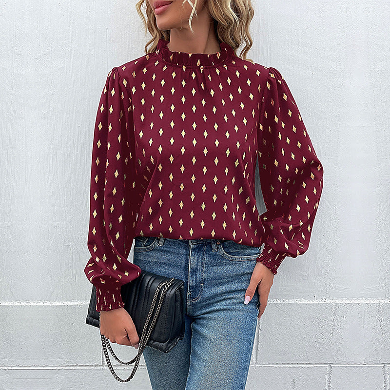 Women's blouse with elegant collar and fashionable pattern, size