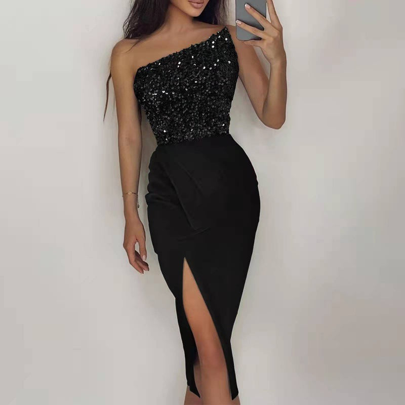 Damen Abendkleid mit asymmetrischem Design und funkelnden Pailletten GR