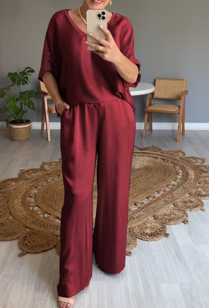 GR | Solid color, silky V-neck casual suit 