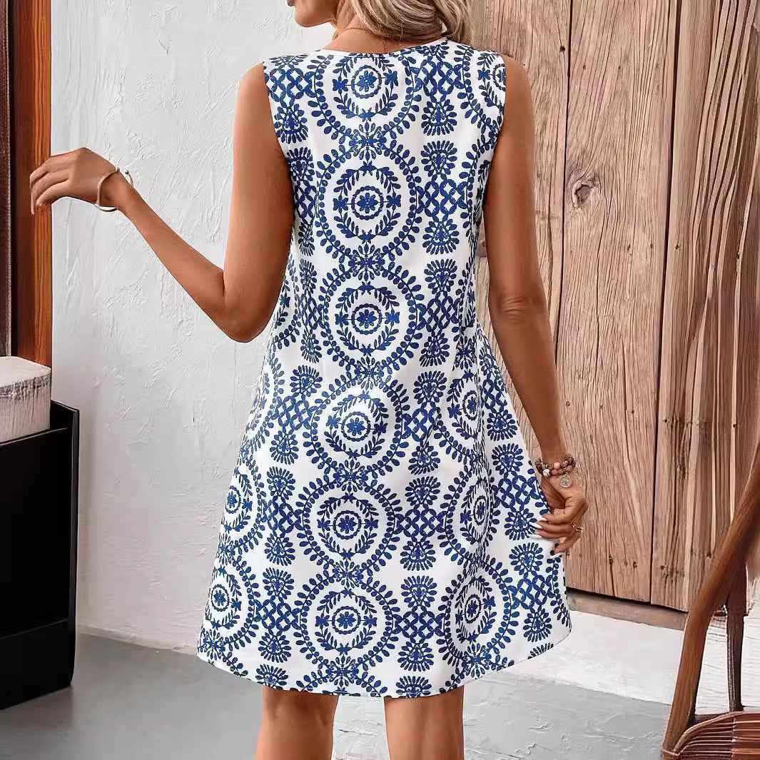 Damen ärmelloses Sommerkleid mit modischem Schlüssel-Ausschnitt und floralem Muster GR