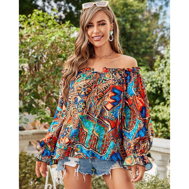 Women's off-the-shoulder blouse with colorful pattern and elastic hem, size [size missing]