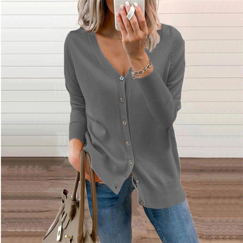 Women's cardigan with modern button details and deep V-neck, size