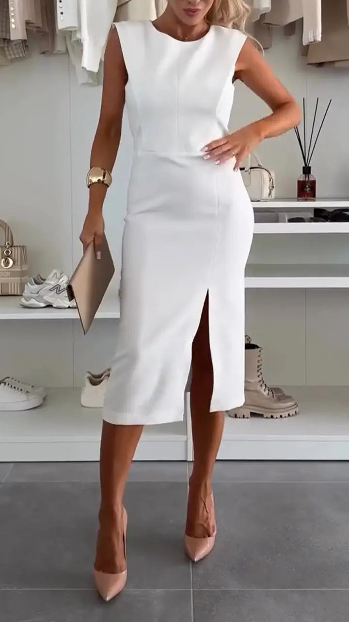 GR | Elegant Slit, Gathered O-Neck Wrap Skirt Dress - 3 Colors