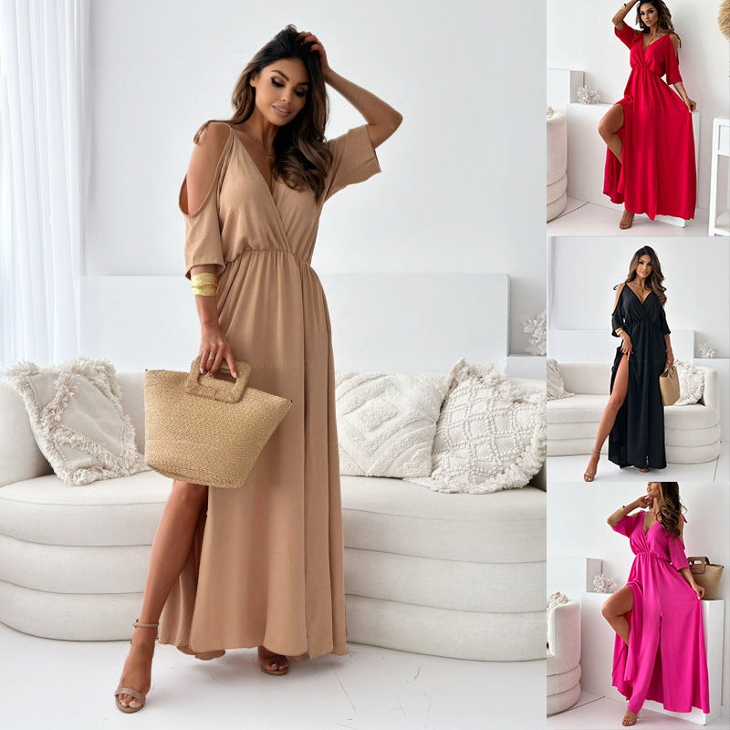 GR | Satin-Träger-Spitzen-V-Ausschnitt-Langes Kleid