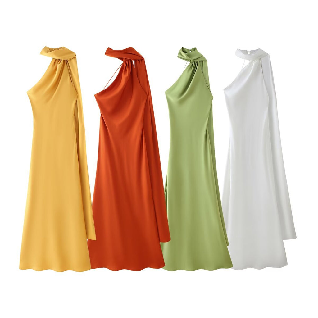 Women's elegant evening dress with a one-sided cape and sophisticated draping, size GR