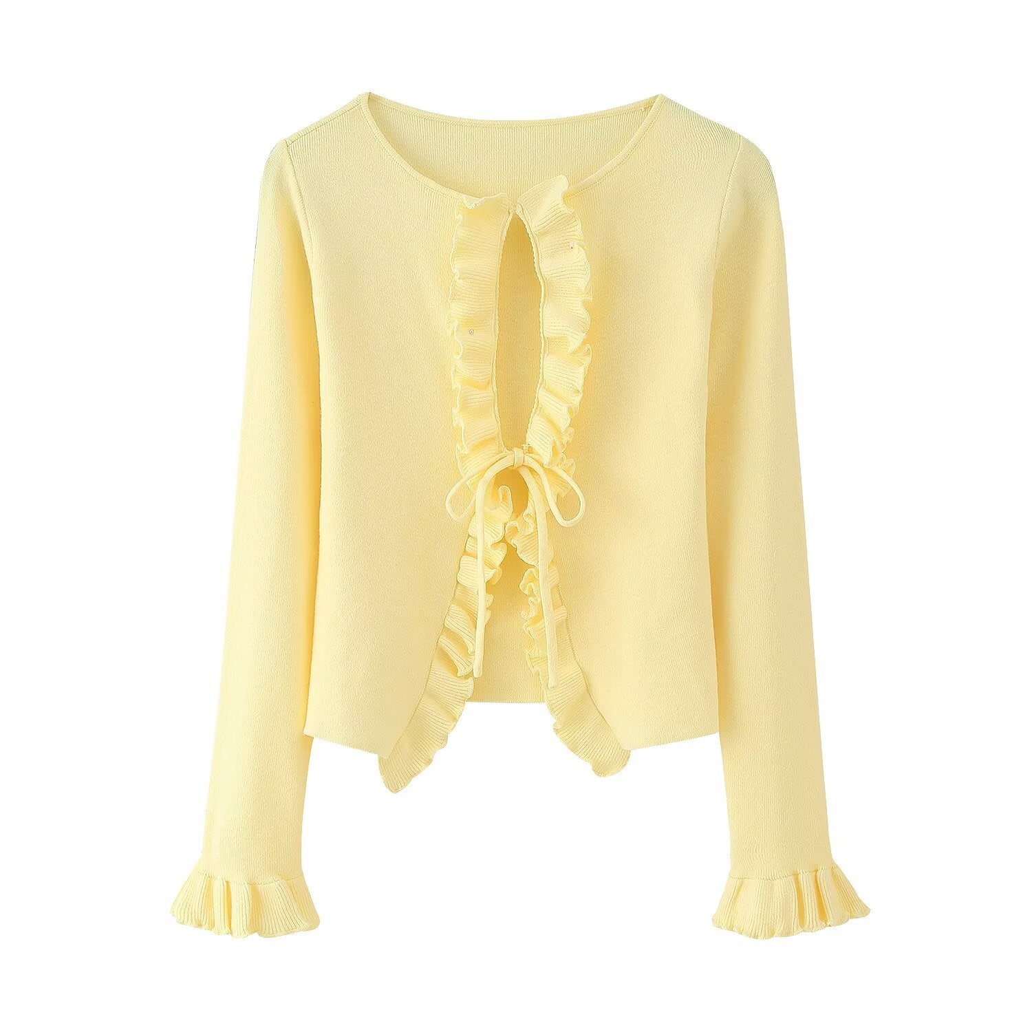 Damen Strickjacke mit Rüschen und Bändern GR