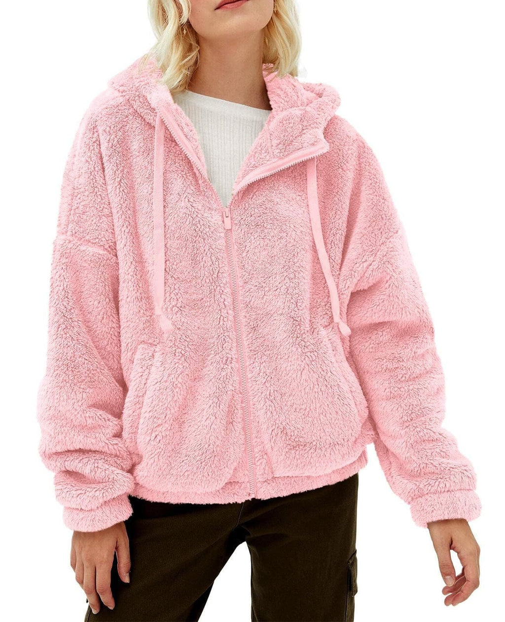 Damen Flauschige Kapuzenjacke mit praktischen Taschen und Reisverschluss GR