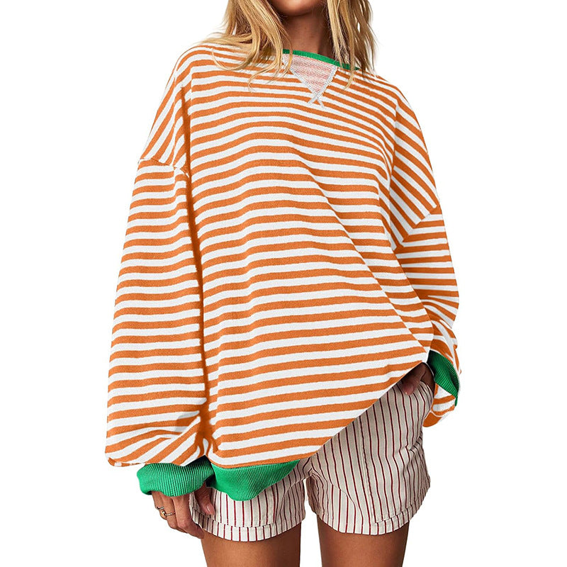 Women's Comfortable Striped Sweater with Raglan Sleeves and Elastic Cuffs Size