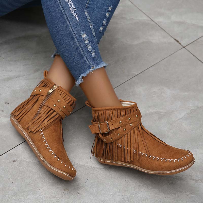 GR | Boho ankle boots with fringes and buckles for women