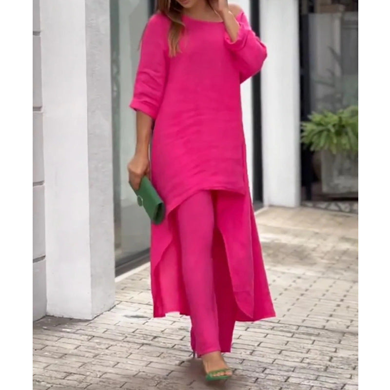 GR | Irregular cotton-linen wide leg two-piece set 