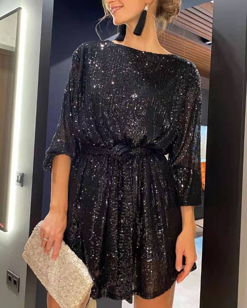 GR | Urlaubsfestmode Pailletten Taillengürtel Kleid