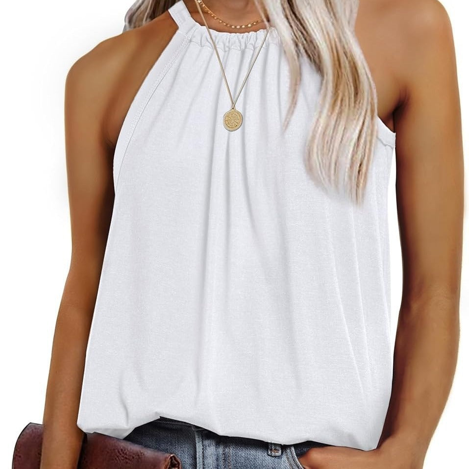 Women's sleeveless top with elegant wrap design and flowing fabric, size S