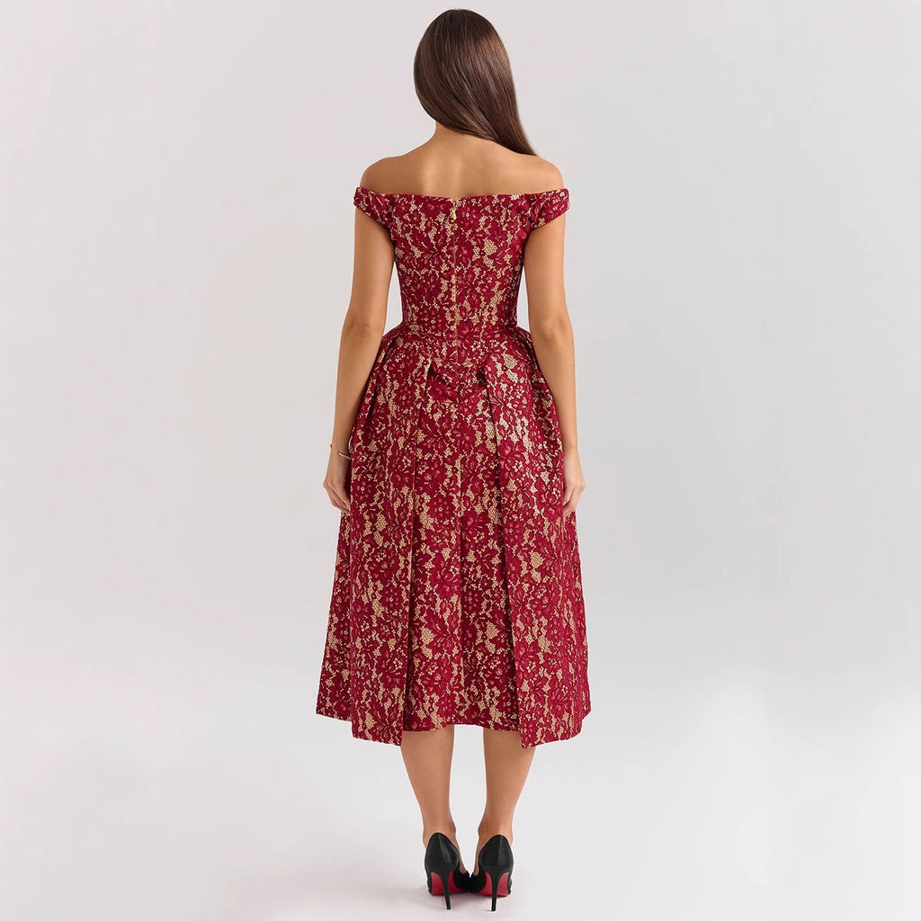 Damen Abendkleid mit schulterfreiem Design und exquisite Spitze GR