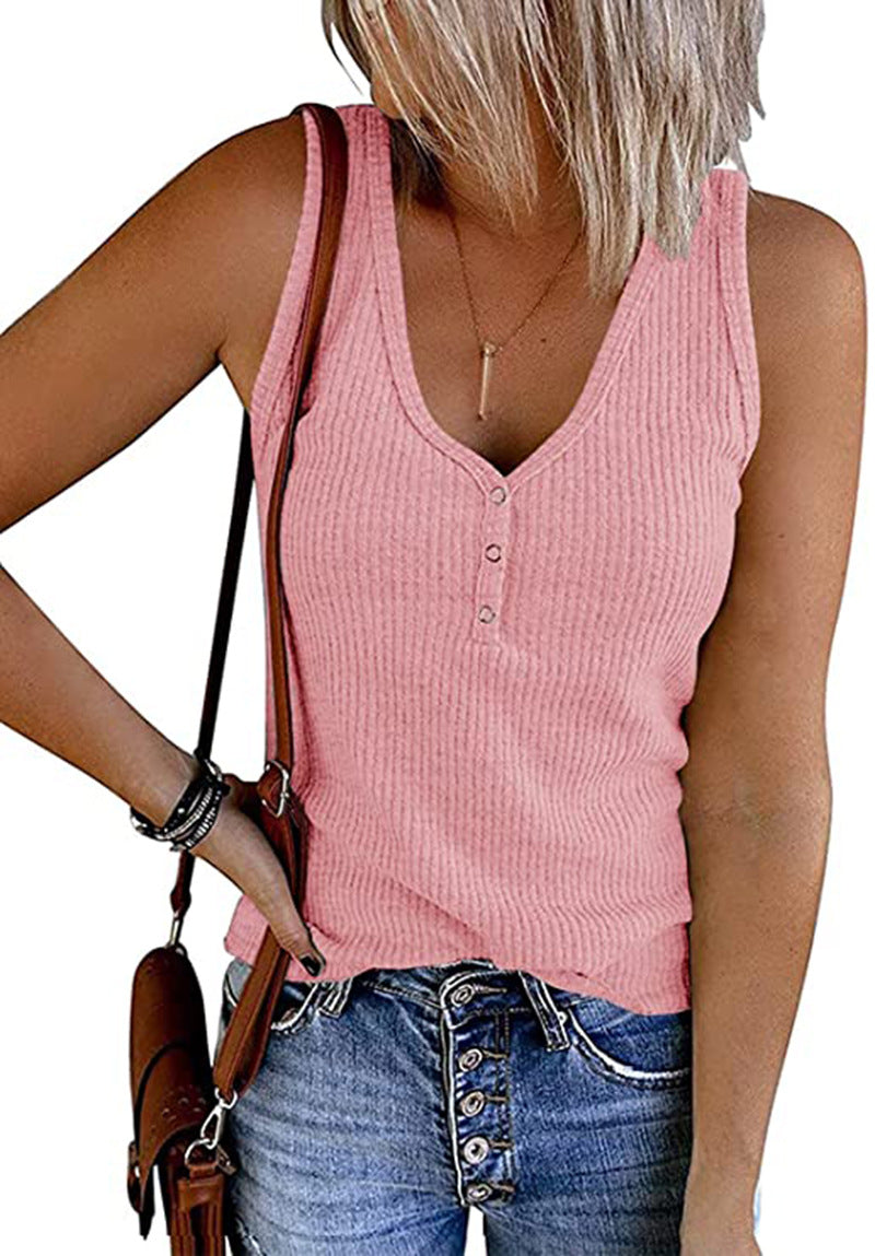Women's sleeveless V-neck top with fine rib pattern, size