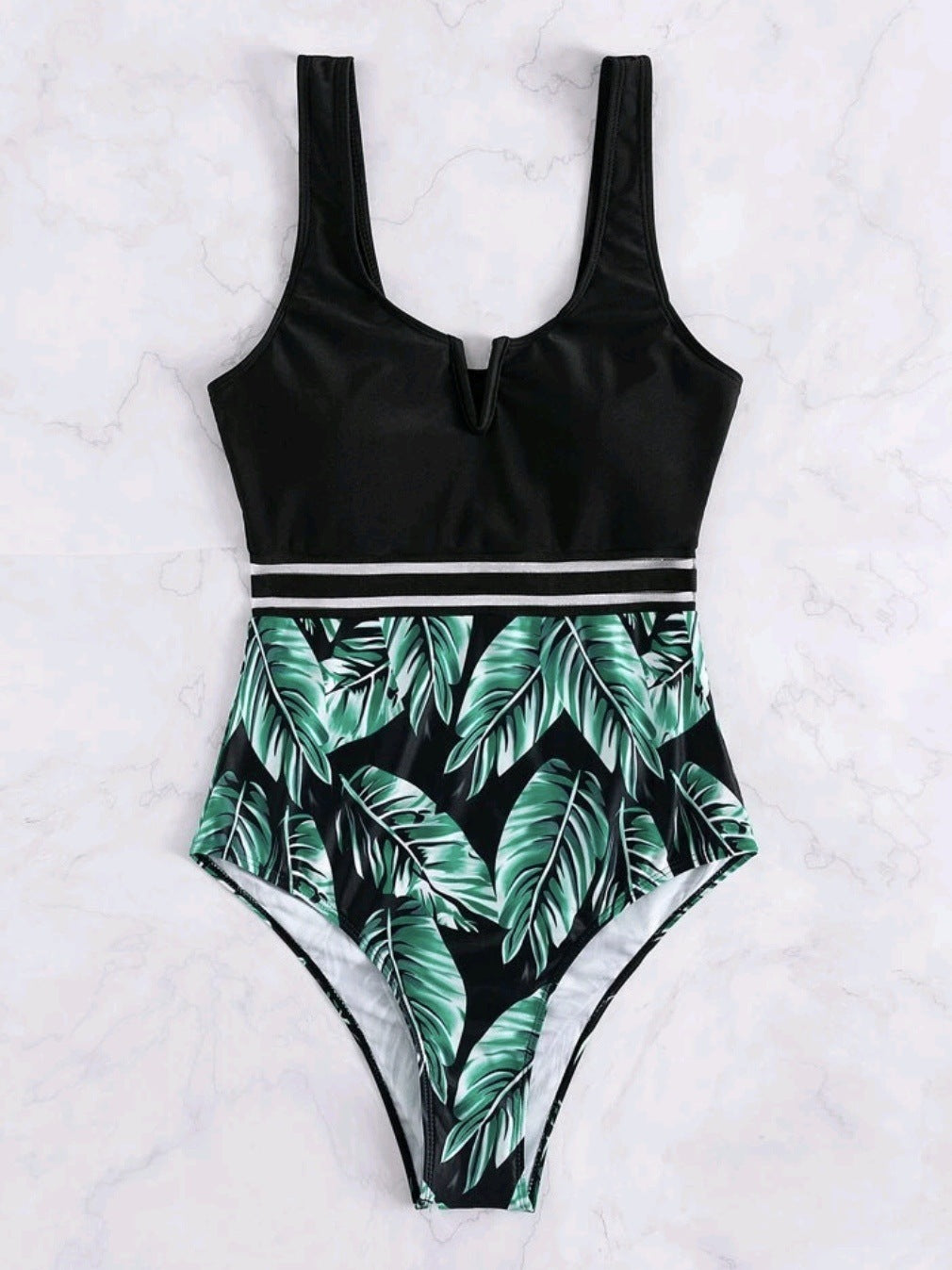 Women's high-waisted swimsuit with V-neck and modern leaf pattern, size